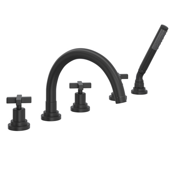 Lombardia 5-Hole Deck Mount Tub Filler with C-Spout - Matte Black with Cross Handle | Model Number: A2214XMMB - Product Knockout