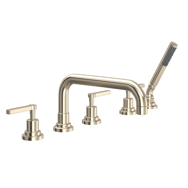 Lombardia 5-Hole Deck Mount Tub Filler with U-Spout - Satin Nickel with Metal Lever Handle | Model Number: A2224LMSTN - Product Knockout