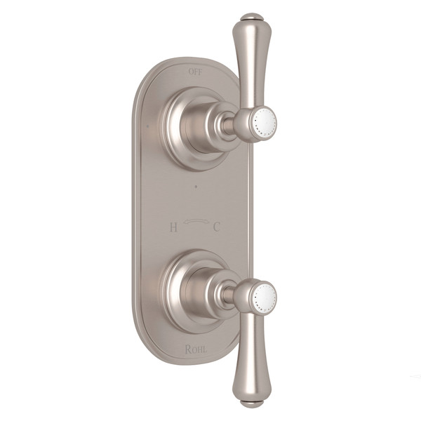 Georgian Era 1/2 Inch Thermostatic and Diverter Control Trim - Satin Nickel with White Porcelain Lever Handle | Model Number: U.8785LSP-STN/TO - Product Knockout