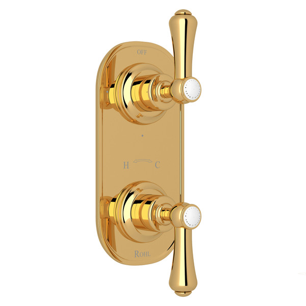 Georgian Era 1/2 Inch Thermostatic and Diverter Control Trim - English Gold with White Porcelain Lever Handle | Model Number: U.8785LSP-EG/TO - Product Knockout