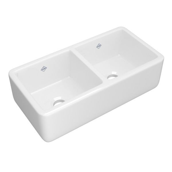 Original Lancaster Two Bowl Farmhouse Apron Front Fireclay Kitchen Sink - White | Model Number: RC3719WH - Product Knockout