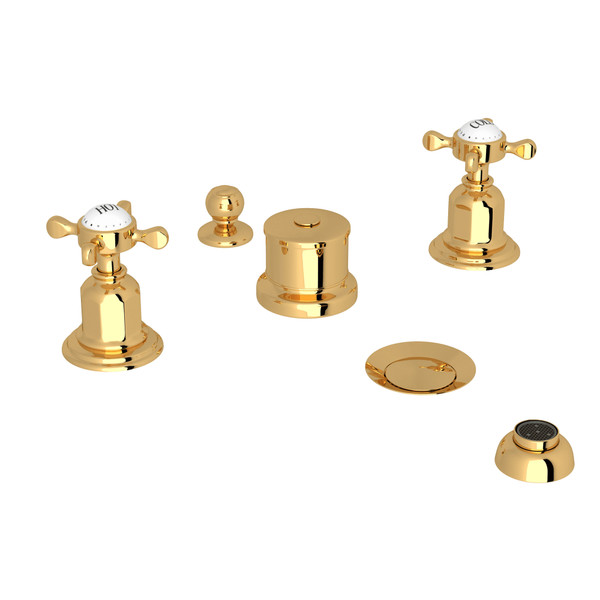 Edwardian Five-Hole Bidet Faucet with Lever or Cross Handles - English Gold with Cross Handle | Model Number: U.3961X-EG - Product Knockout