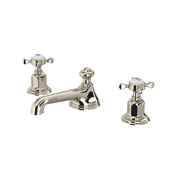 Edwardian Low Level Spout Widespread Bathroom Faucet - Polished Nickel with Cross Handle | Model Number: U.3706X-PN-2 - Product Knockout