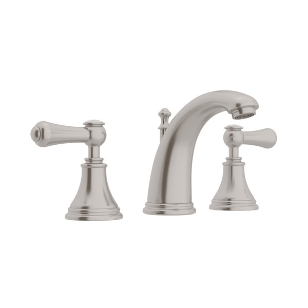 Georgian Era High Neck Widespread Bathroom Faucet - Satin Nickel with White Porcelain Lever Handle | Model Number: U.3712LSP-STN-2 - Product Knockout