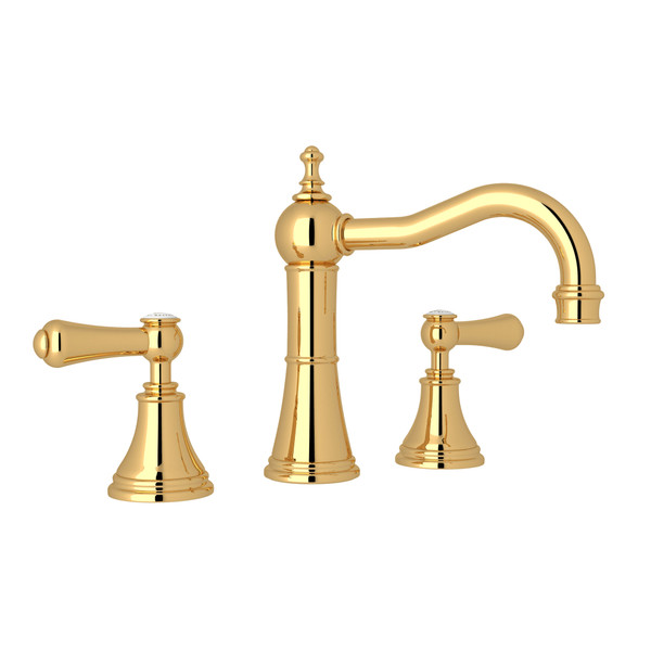 Georgian Era Column Spout Widespread Faucet - English Gold with White Porcelain Lever Handle | Model Number: U.3723LSP-EG-2 - Product Knockout