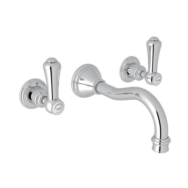 Georgian Era Wall Mount Widespread Bathroom Faucet - Polished Chrome with White Porcelain Lever Handle | Model Number: U.3793LSP-APC/TO-2 - Product Knockout