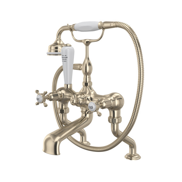 Edwardian Exposed Deck Mount Tub Filler with Handshower - Satin Nickel with Cross Handle | Model Number: U.3501X/1-STN - Product Knockout