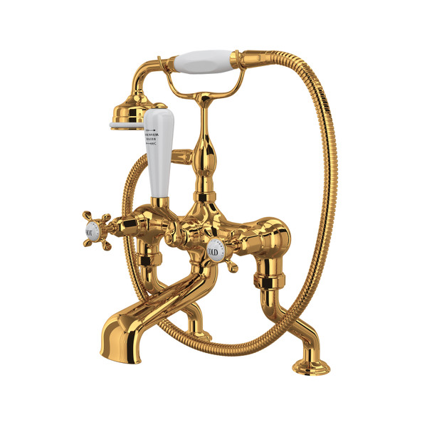 Edwardian Exposed Deck Mount Tub Filler with Handshower - English Gold with Cross Handle | Model Number: U.3501X/1-EG - Product Knockout
