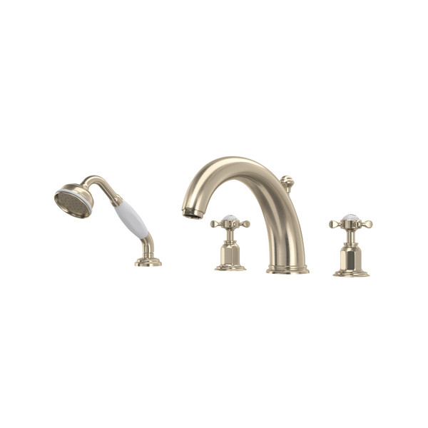 Edwardian 4-Hole Deck Mount Tub Filler with Handshower - Satin Nickel with Cross Handle | Model Number: U.3249X-STN - Product Knockout