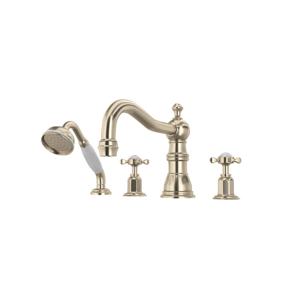 Edwardian 4-Hole Deck Mount Column Spout Tub Filler with Handshower - Satin Nickel with Cross Handle | Model Number: U.3746X-STN - Product Knockout