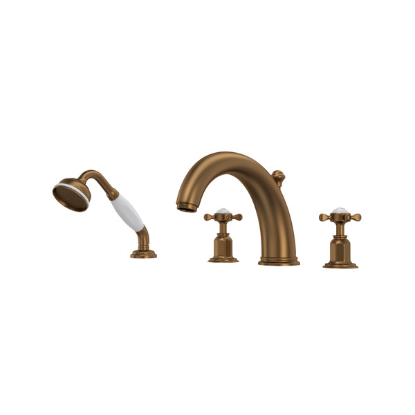 Edwardian 4-Hole Deck Mount Tub Filler with Handshower - English Bronze with Cross Handle | Model Number: U.3249X-EB - Product Knockout