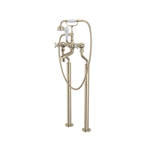 Edwardian Exposed Floor Mount Tub Filler with Handshower - Satin Nickel with Cross Handle | Model Number: U.3521X/1-STN - Product Knockout