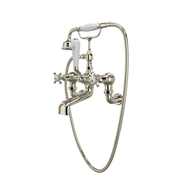 Edwardian Exposed Wall Mount Tub Filler with Handshower - Polished Nickel with Cross Handle | Model Number: U.3511X/1-PN - Product Knockout