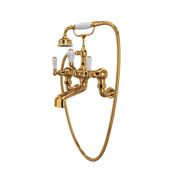 Edwardian Exposed Wall Mount Tub Filler with Handshower - English Gold with Metal Lever Handle | Model Number: U.3510L/1-EG - Product Knockout