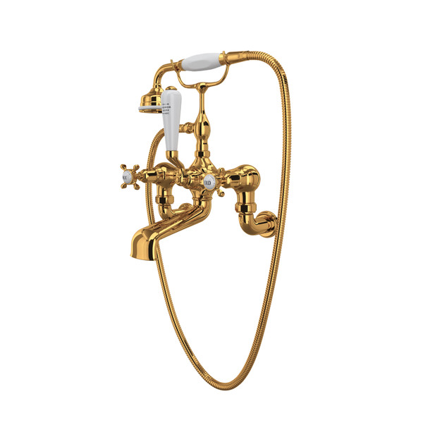 Edwardian Exposed Wall Mount Tub Filler with Handshower - English Gold with Cross Handle | Model Number: U.3511X/1-EG - Product Knockout