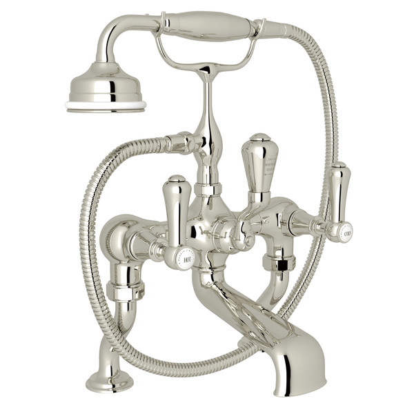 Georgian Era Exposed Deck Mount Tub Filler with Handshower - Polished Nickel with White Porcelain Lever Handle | Model Number: U.3000LSP/1-PN - Product Knockout