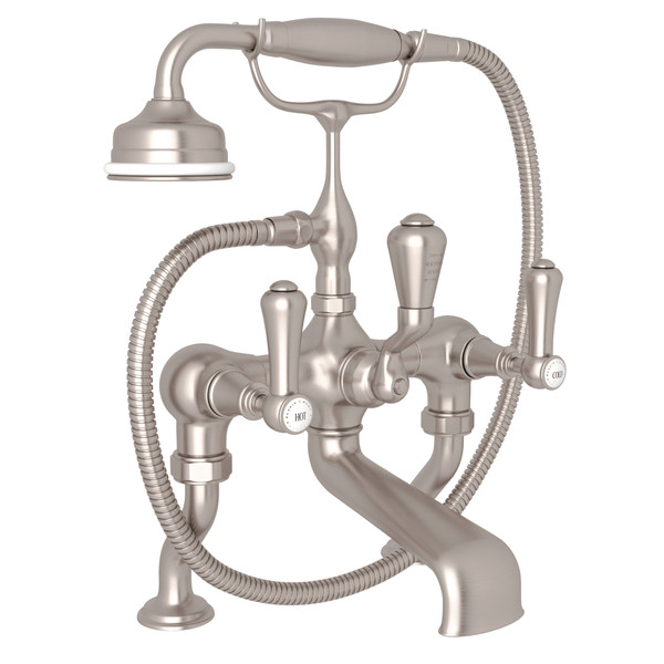 Georgian Era Exposed Deck Mount Tub Filler with Handshower - Satin Nickel with White Porcelain Lever Handle | Model Number: U.3000LSP/1-STN - Product Knockout