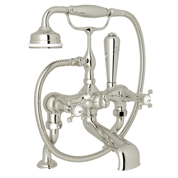 Georgian Era Exposed Deck Mount Tub Filler with Handshower - Polished Nickel with Cross Handle | Model Number: U.3001X/1-PN - Product Knockout