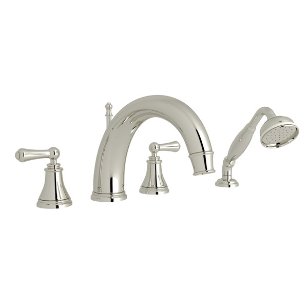 Georgian Era 4-Hole Deck Mount C-Spout Tub Filler with Handshower - Polished Nickel with Metal Lever Handle | Model Number: U.3648LS-PN - Product Knockout