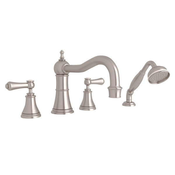 Georgian Era 4-Hole Deck Mount Column Spout Tub Filler with Handshower - Satin Nickel with White Porcelain Lever Handle | Model Number: U.3747LSP-STN - Product Knockout