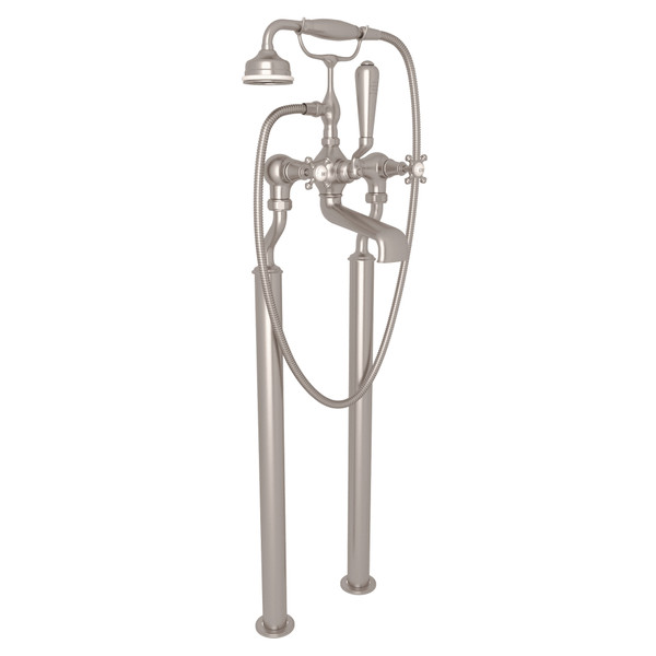 Georgian Era Exposed Floor Mount Tub Filler with Handshower - Satin Nickel with Cross Handle | Model Number: U.3013X/1-STN - Product Knockout