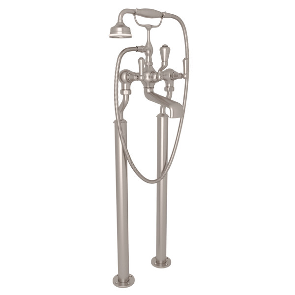 Georgian Era Exposed Floor Mount Tub Filler with Handshower - Satin Nickel with Metal Lever Handle | Model Number: U.3012LS/1-STN - Product Knockout