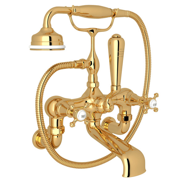 Georgian Era Exposed Wall Mount Tub Filler with Handshower - English Gold with Cross Handle | Model Number: U.3007X/1-EG - Product Knockout