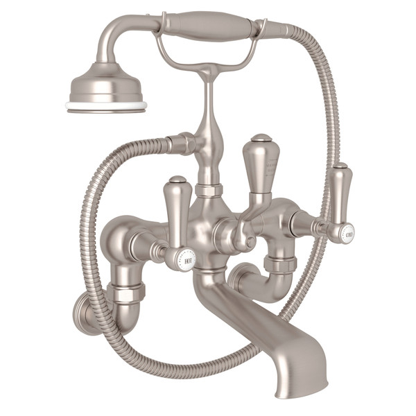 Georgian Era Exposed Wall Mount Tub Filler with Handshower - Satin Nickel with White Porcelain Lever Handle | Model Number: U.3006LSP/1-STN - Product Knockout