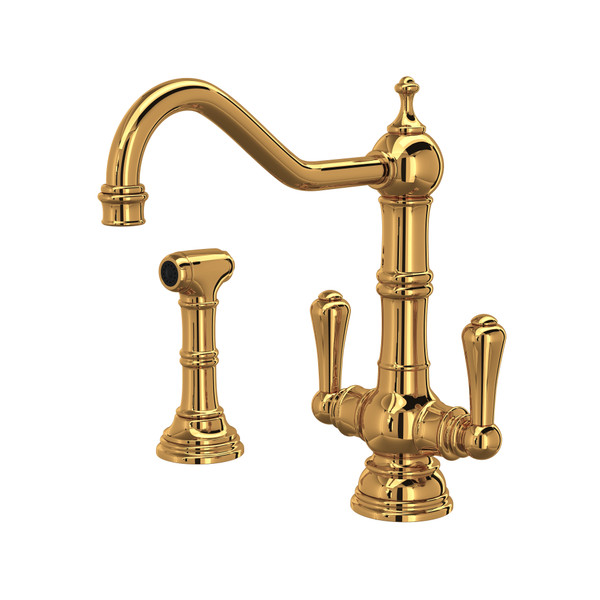 Edwardian Single Hole Kitchen Faucet with Lever Handles and Sidespray - English Gold with Metal Lever Handle | Model Number: U.4766EG-2 - Product Knockout