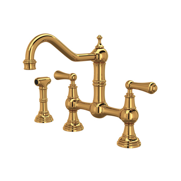 Edwardian Bridge Kitchen Faucet with Sidespray - English Gold with Metal Lever Handle | Model Number: U.4756L-EG-2 - Product Knockout