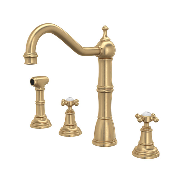 Edwardian 4-Hole Kitchen Faucet with Sidespray - Satin English Gold with Cross Handle | Model Number: U.4775X-SEG-2 - Product Knockout