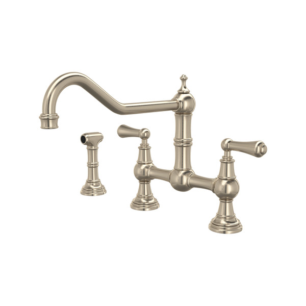 Edwardian™ Extended Spout Bridge Kitchen Faucet With Side Spray - Satin Nickel | Model Number: U.4764L-STN-2