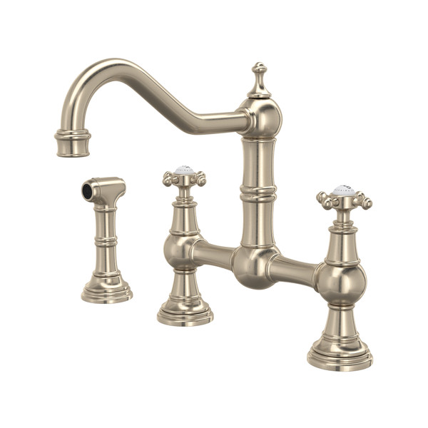 Edwardian Bridge Kitchen Faucet with Sidespray - Satin Nickel with Cross Handle | Model Number: U.4755X-STN-2 - Product Knockout