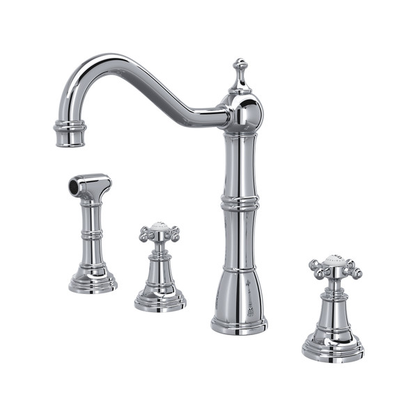 Edwardian 4-Hole Kitchen Faucet with Sidespray - Polished Chrome with Cross Handle | Model Number: U.4775X-APC-2 - Product Knockout