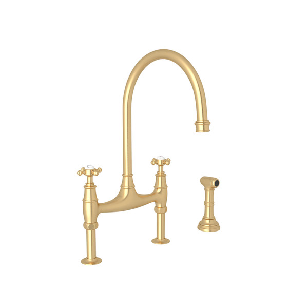 Georgian Era Bridge Kitchen Faucet with Sidespray - Satin Nickel with Cross Handle | Model Number: U.4718X-STN-2 - Product Knockout