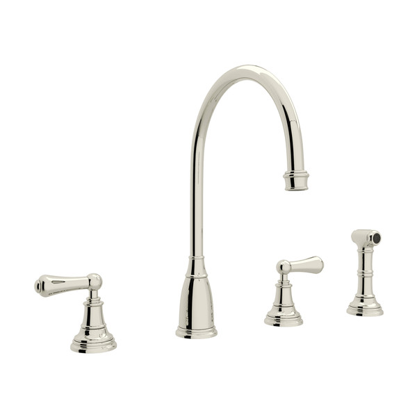 Georgian Era 4-Hole C-Spout Kitchen Faucet with Sidespray - Polished Nickel with Metal Lever Handle | Model Number: U.4736L-PN-2 - Product Knockout