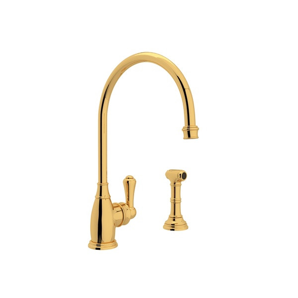 Georgian Era Single Lever Single Hole Kitchen Faucet with Sidespray - English Gold with Metal Lever Handle | Model Number: U.4702EG-2 - Product Knockout