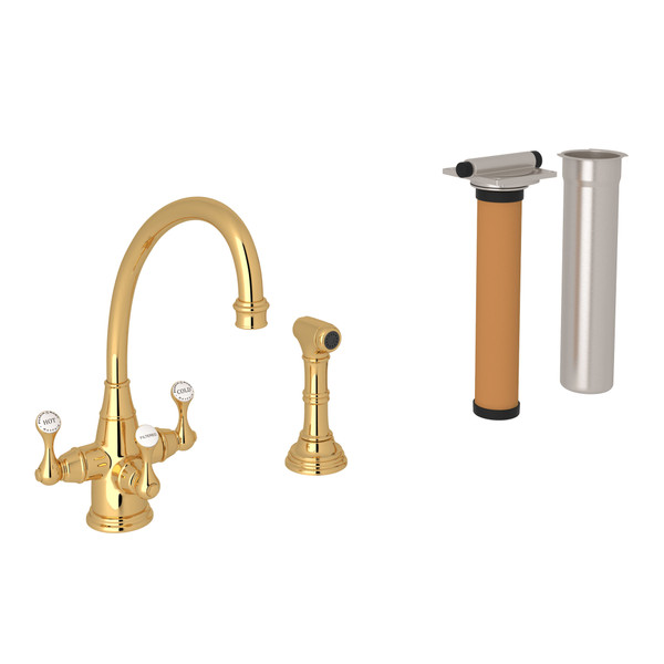 Georgian Era 3-Lever Kitchen Faucet with Sidespray - English Gold with Metal Lever Handle | Model Number: U.KIT1520LS-EG-2 - Product Knockout