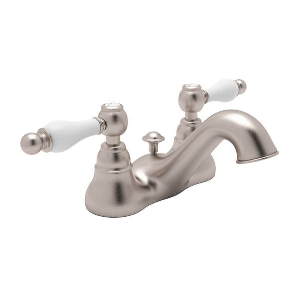 Arcana 4 Inch Centerset Bathroom Faucet - Satin Nickel with Ornate White Porcelain Lever Handle | Model Number: AC95OP-STN-2 - Product Knockout