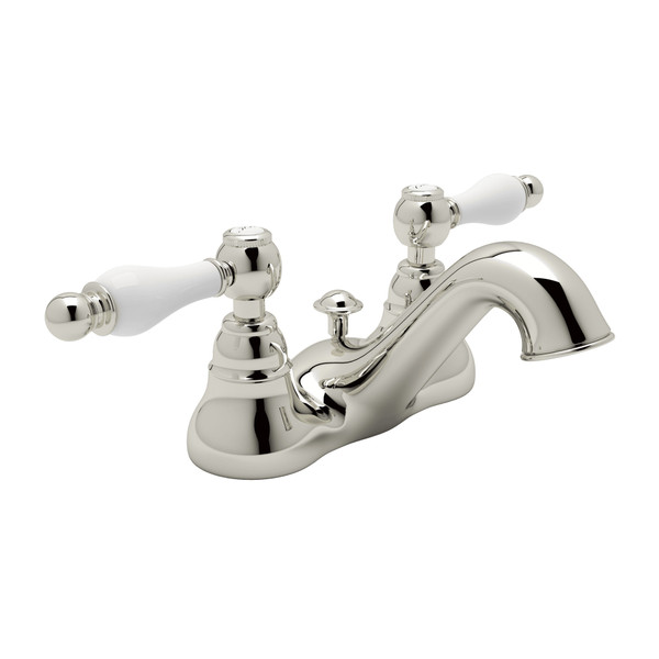 Arcana 4 Inch Centerset Bathroom Faucet - Polished Nickel with Ornate White Porcelain Lever Handle | Model Number: AC95OP-PN-2 - Product Knockout