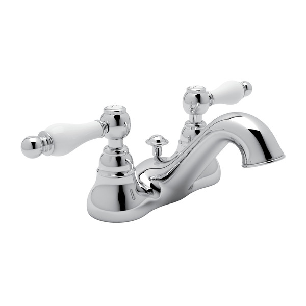 Arcana 4 Inch Centerset Bathroom Faucet - Polished Chrome with Ornate White Porcelain Lever Handle | Model Number: AC95OP-APC-2 - Product Knockout