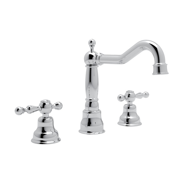 Arcana Column Spout Widespread Bathroom Faucet - Polished Chrome with Ornate Metal Lever Handle | Model Number: AC107L-APC-2 - Product Knockout