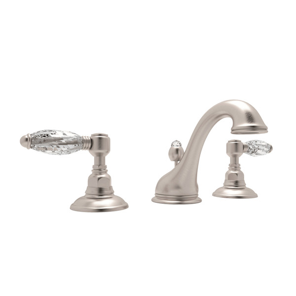 Viaggio C-Spout Widespread Bathroom Faucet - Satin Nickel with Crystal Metal Lever Handle | Model Number: A1408LCSTN-2 - Product Knockout