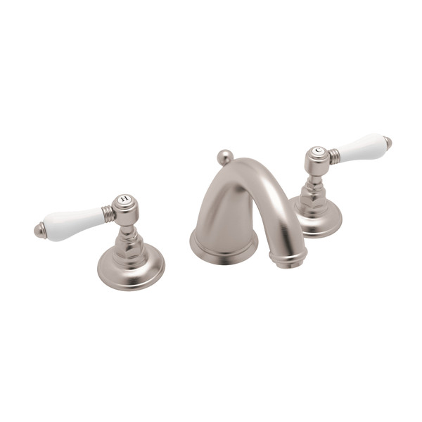 San Julio C-Spout Widespread Bathroom Faucet - Satin Nickel with White Porcelain Lever Handle | Model Number: A2108LPSTN-2 - Product Knockout