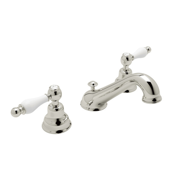 Arcana C-Spout Widespread Bathroom Faucet - Polished Nickel with Ornate White Porcelain Lever Handle | Model Number: AC102OP-PN-2 - Product Knockout