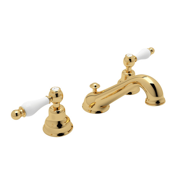 Arcana C-Spout Widespread Bathroom Faucet - Italian Brass with Ornate White Porcelain Lever Handle | Model Number: AC102OP-IB-2 - Product Knockout