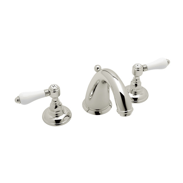 San Julio C-Spout Widespread Bathroom Faucet - Polished Nickel with White Porcelain Lever Handle | Model Number: A2108LPPN-2 - Product Knockout