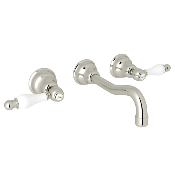 Arcana Wall Mount Widespread Bathroom Faucet - Polished Nickel with Ornate White Porcelain Lever Handle | Model Number: AC351OP-PN/TO-2 - Product Knockout