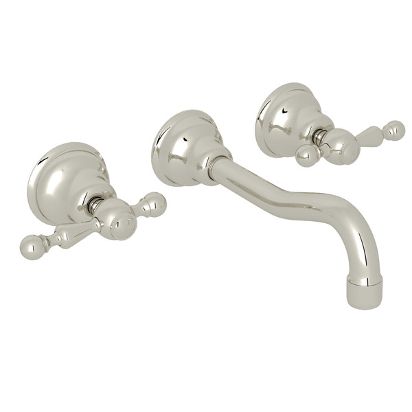 Arcana Wall Mount Widespread Bathroom Faucet - Polished Nickel with Ornate Metal Lever Handle | Model Number: AC351L-PN/TO-2 - Product Knockout