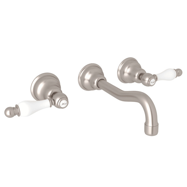 Arcana Wall Mount Widespread Bathroom Faucet - Satin Nickel with Ornate White Porcelain Lever Handle | Model Number: AC351OP-STN/TO-2 - Product Knockout